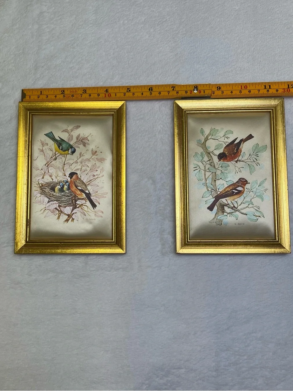 Vintage Italian U. Selis Bird Silk Prints Gold Gilt Frames Pair - Made in Italy - Picture 6 of 9